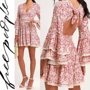 kristall berry red floral print bell sleeve mini dress free people